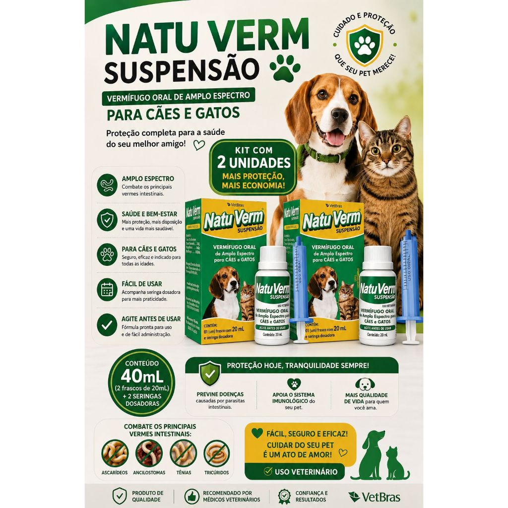 Detalhes do Kit C/ 2 Vermífugo Natu Verm Suspensão 20ml - Liquido para Pet Cães e Gatos