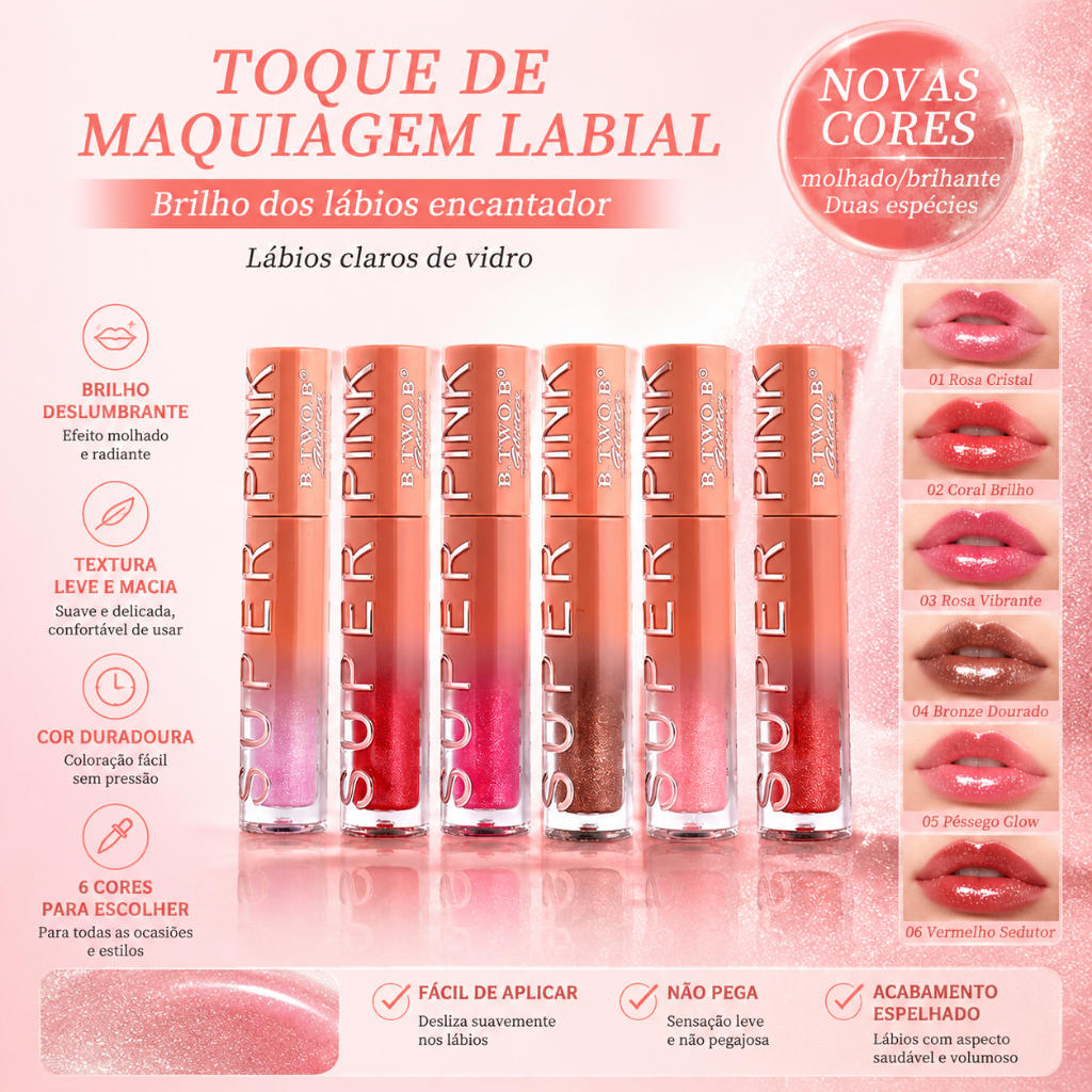 B.TWO.B Brilho Labial Super Pink, Efeito Molhado, 6 Cores e Cor Duradoura