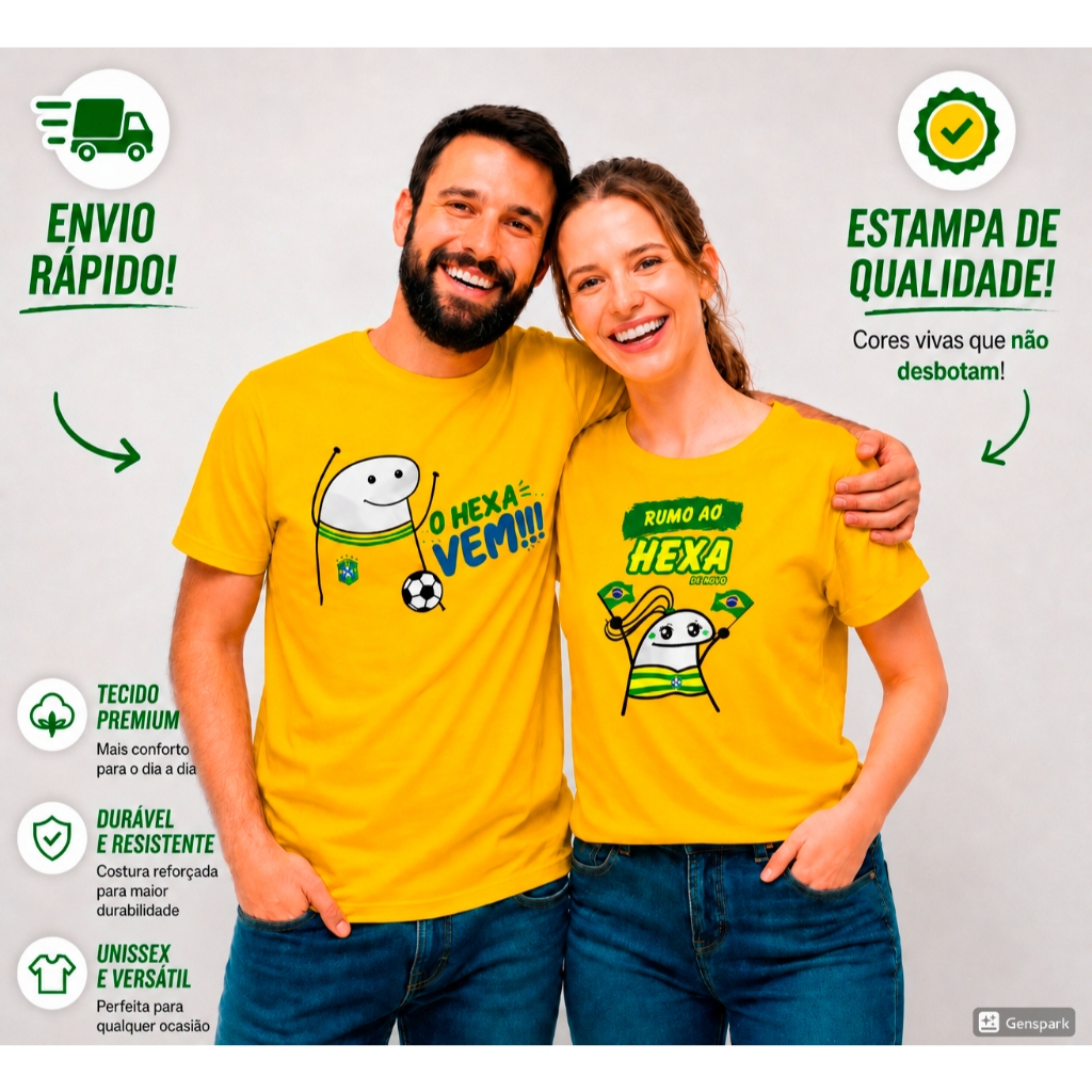 Kit 2 Camisetas Blusa Casal Torcida Brasil Copa do mundo Futebol Hexa- 100% Algodão Fio 30.1