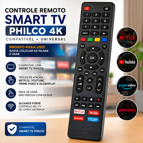 Controle Remoto Smart TV Philco 4K Compatível Netflix YouTube Prime Video Globoplay Universal LED Teclas Atalho HD ProX