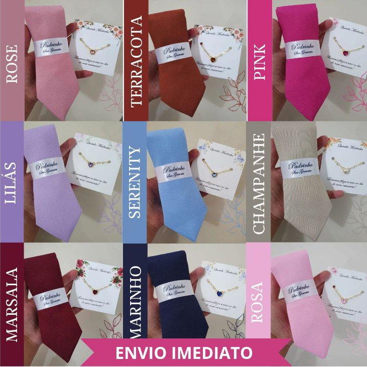 4 a 15 kits Gravata Padrinho Semi Slim  e Pulseira Madrinha Folheada Ouro, Azul marinho, Marsala