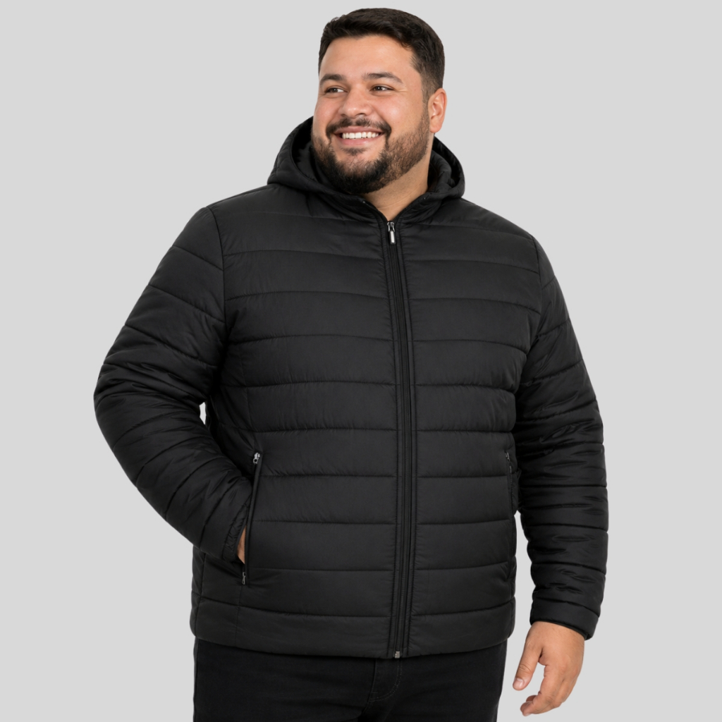 Jaqueta Bobojaco Puffer Plus Size Lisa Masculina Casaco Corta Vento Acolchoada Impermeável Bolsos Capuz Removível