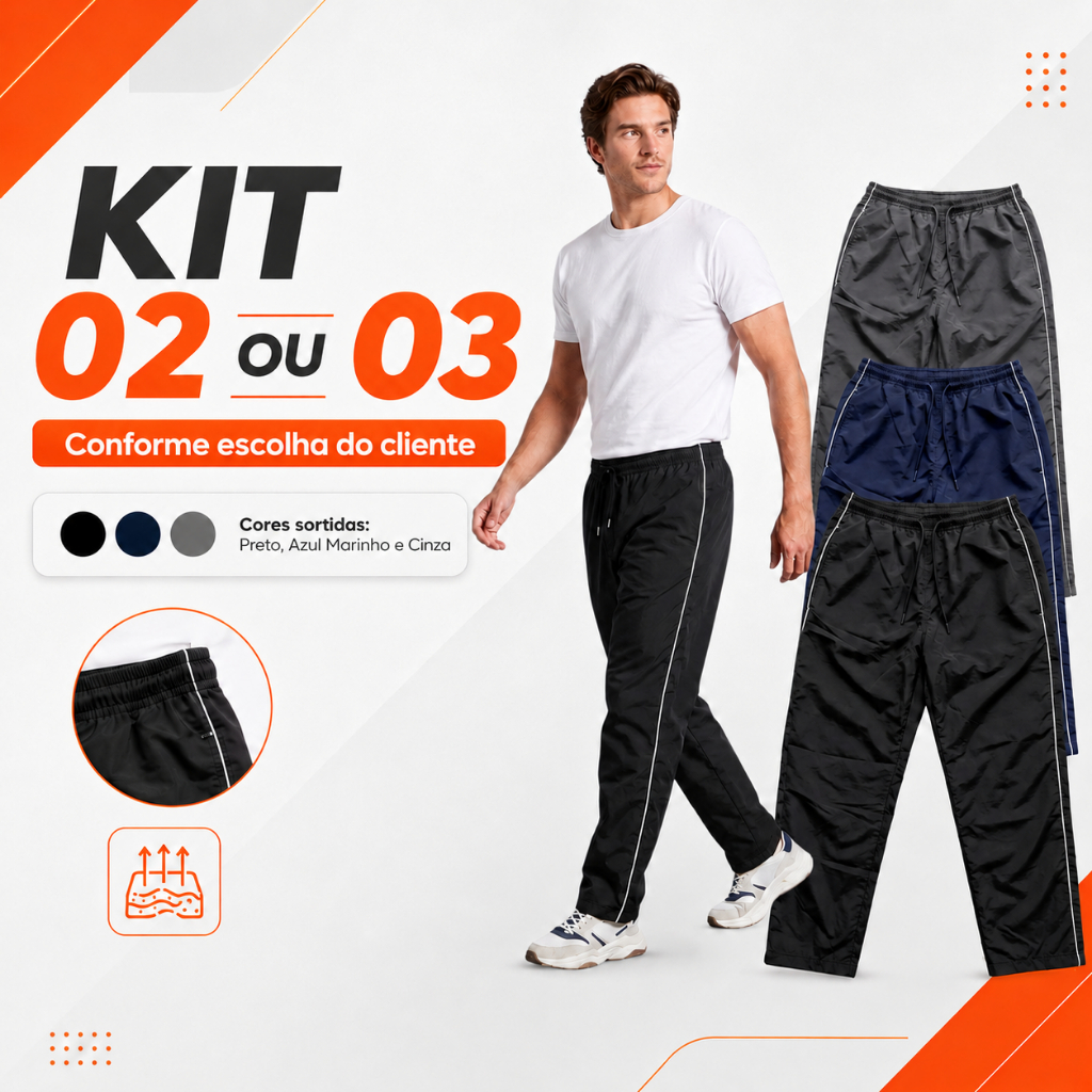 Kit Com 02/03 Calças Masculina Tactel Lisa Com Bolsos Esporte Caminhada Academia Frio