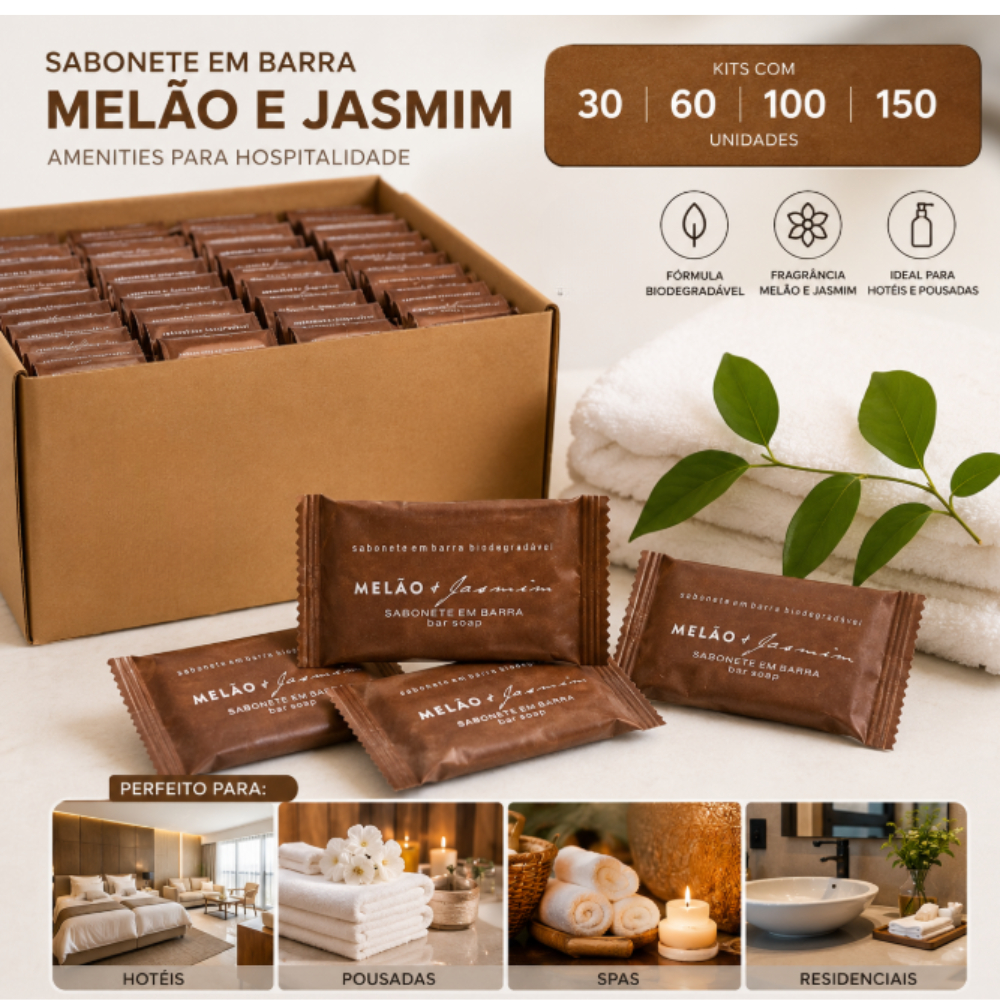 Amenities Sabonete Barra Melão e Jasmim 20g  Realgems| 30, 60, 100 ou 150 un | Hotel Pousada Airbnb, Short stays