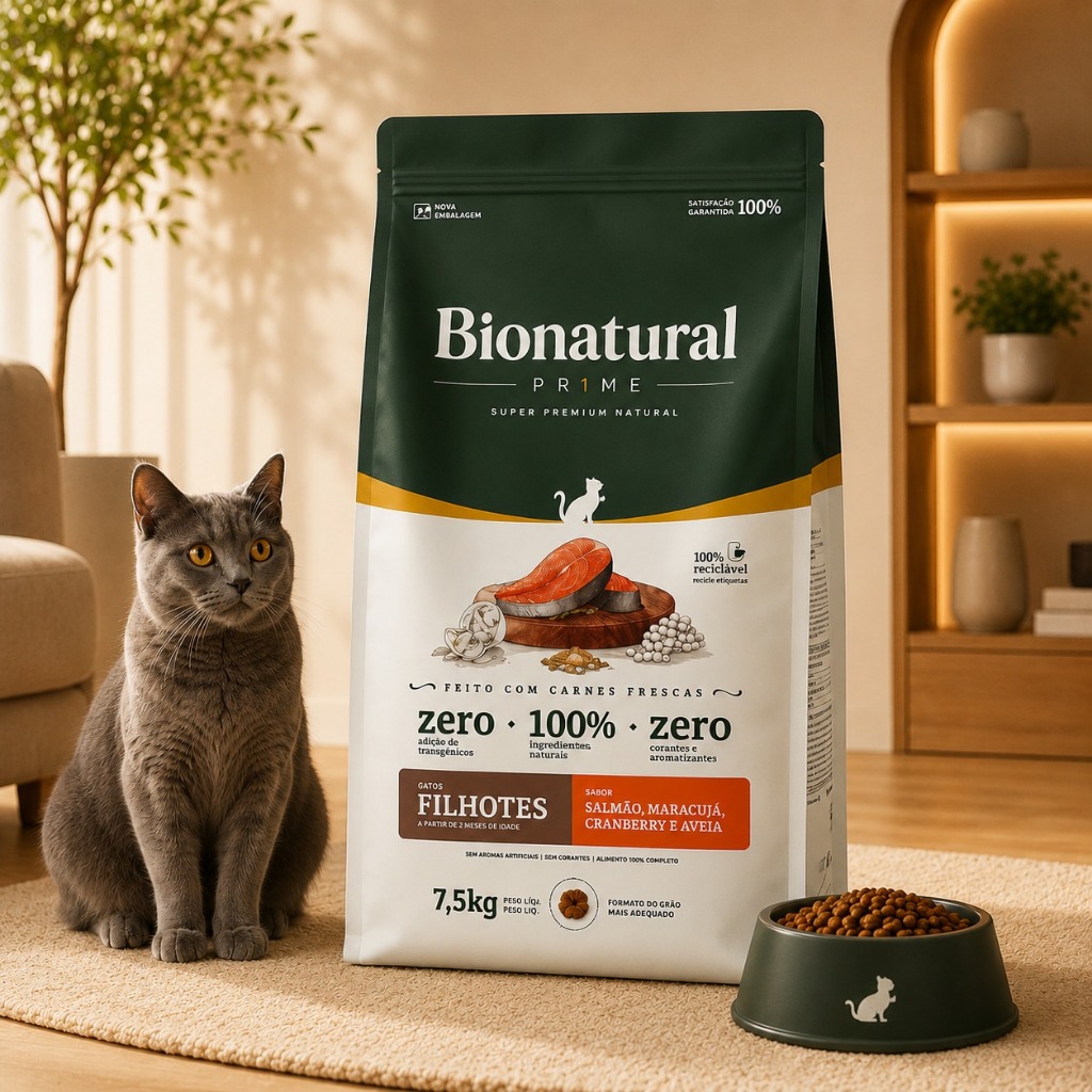 Ração SuperPremium Bionatural Gatos FIlhotes 7,5KG Sabor Salmão-Envio Imediato