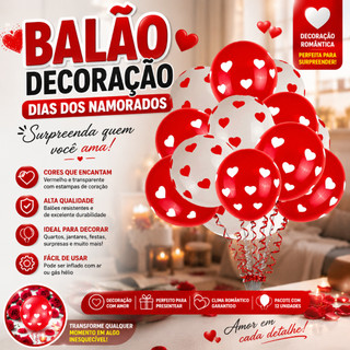 25 Balões Coração Vermelho com Branco ou Branco com vermelho Bexiga Decorada 11" 28cm Festa Amor