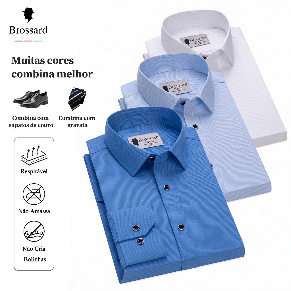 Camisa Roupas Masculinas Estilosas Manga Longa BROSSARD, Blusa Luxo Não amassa I