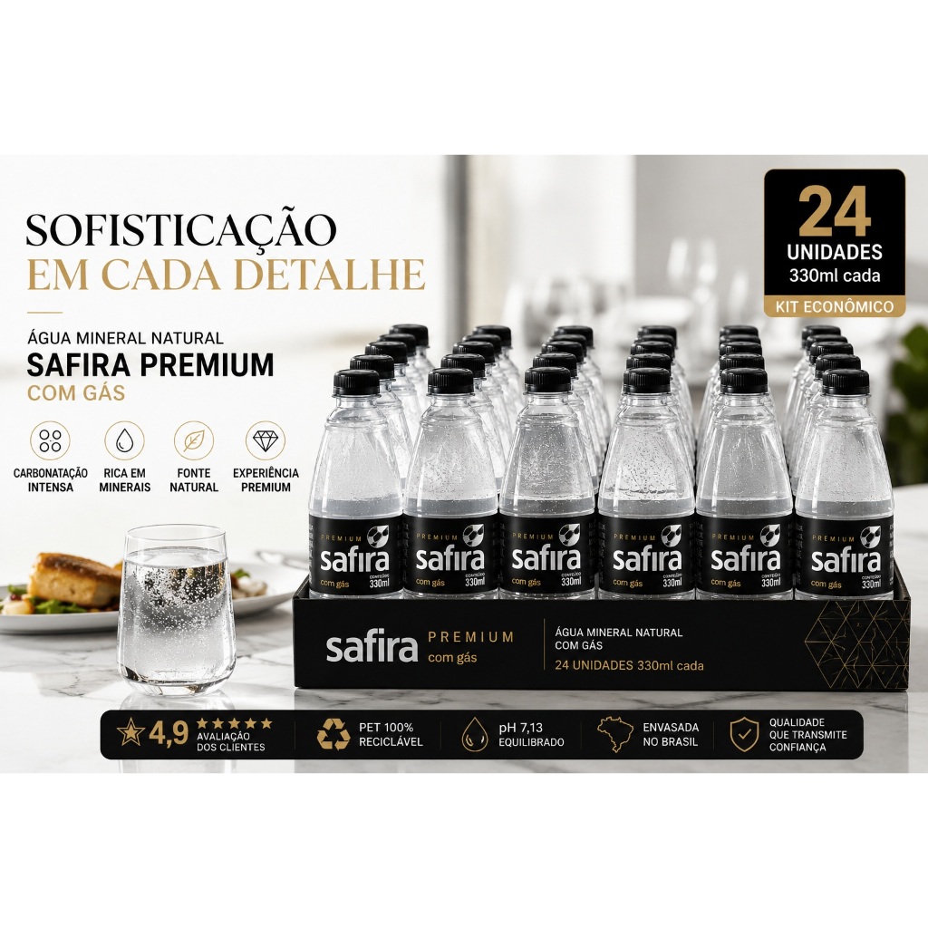 Água Mineral Premium Safira Com Gás 330ml Kit 24 unid.
