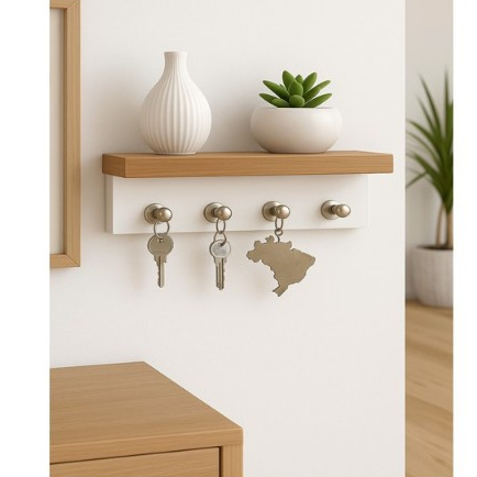 Porta Chaves MDF Branco com Louro Freijó 4 Ganchos - Organizador de Chaves Decorativo
