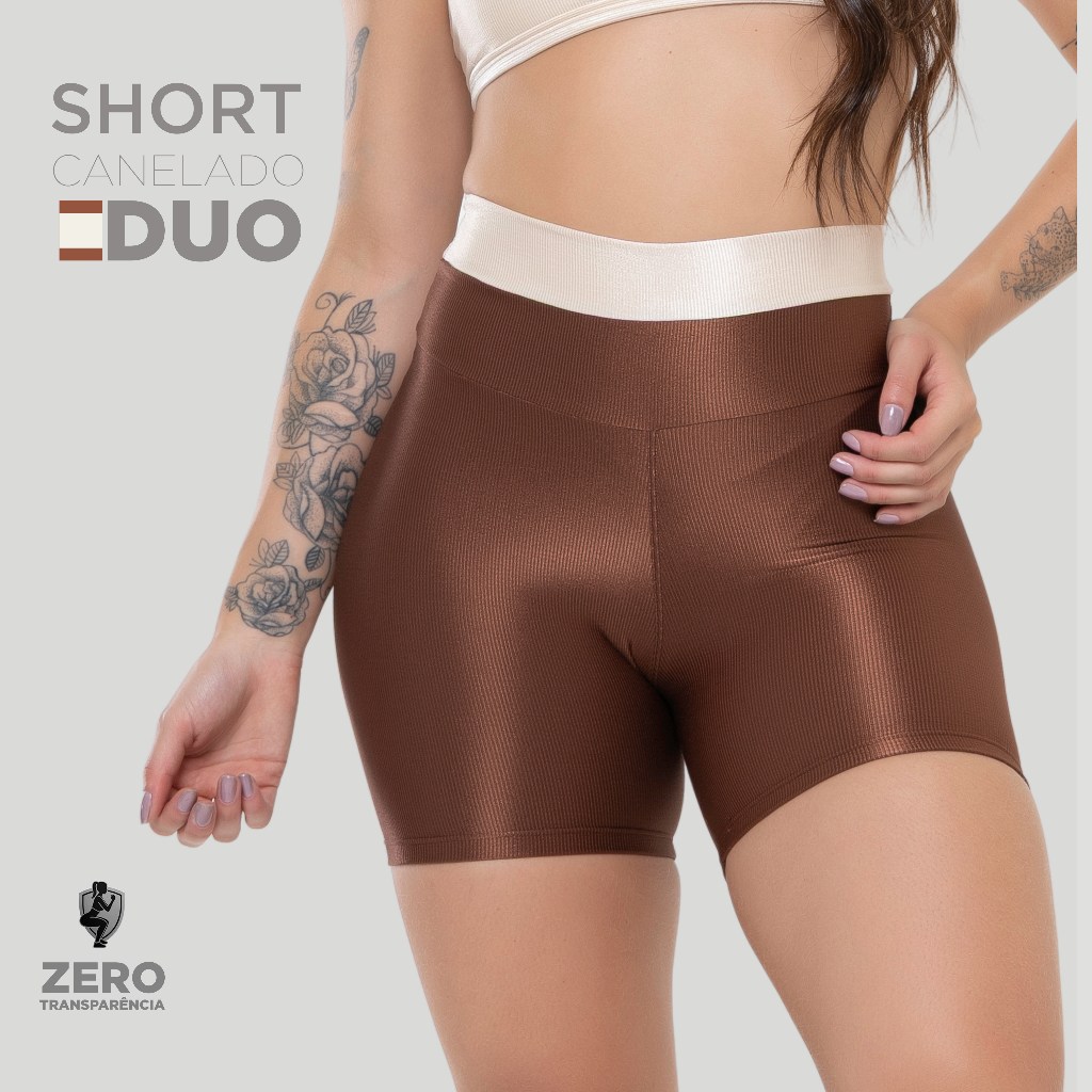 Short Fitness Duo Trilobal Canelado Brilhoso – Cós Alto Modelador Feminino