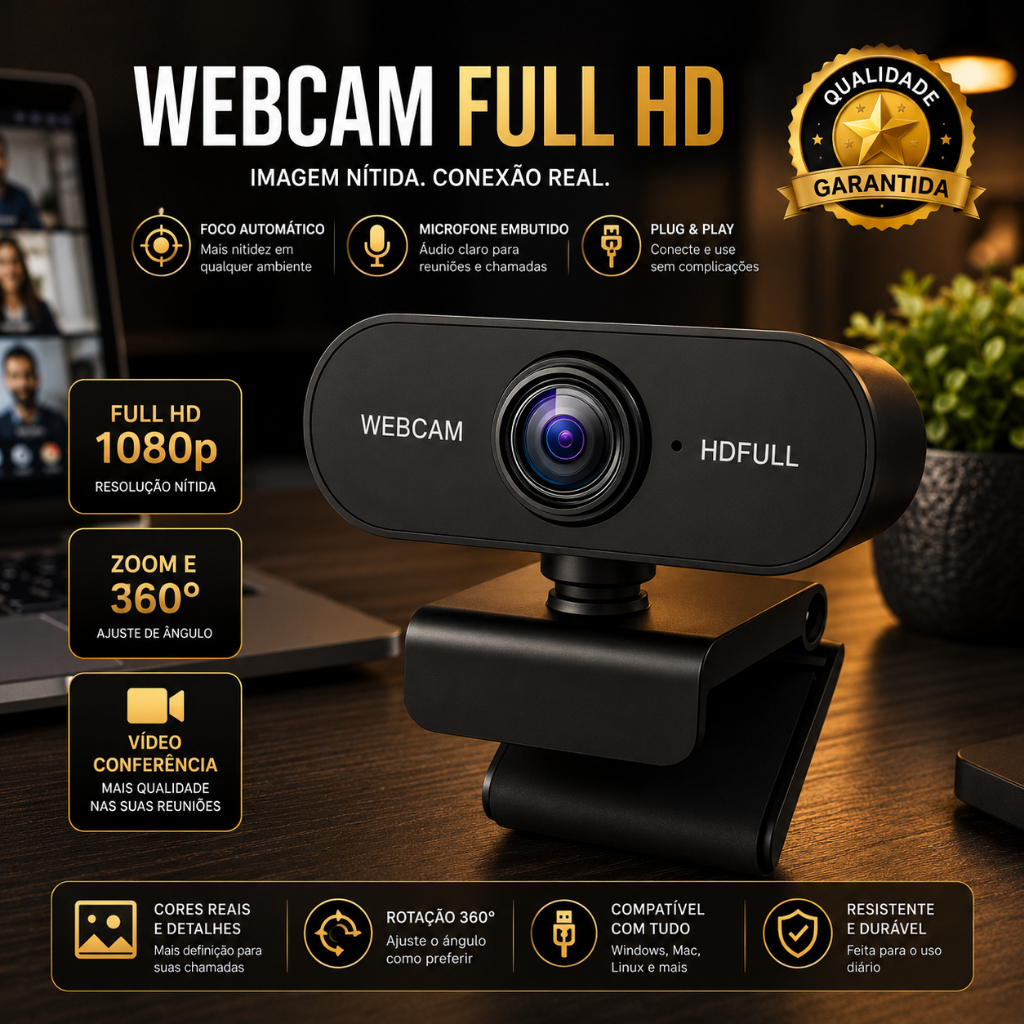 Webcam Full HD 1080p 360 Graus Zoom Videoconferência Reuniões Cursos Online Home Office Alta Definição USB