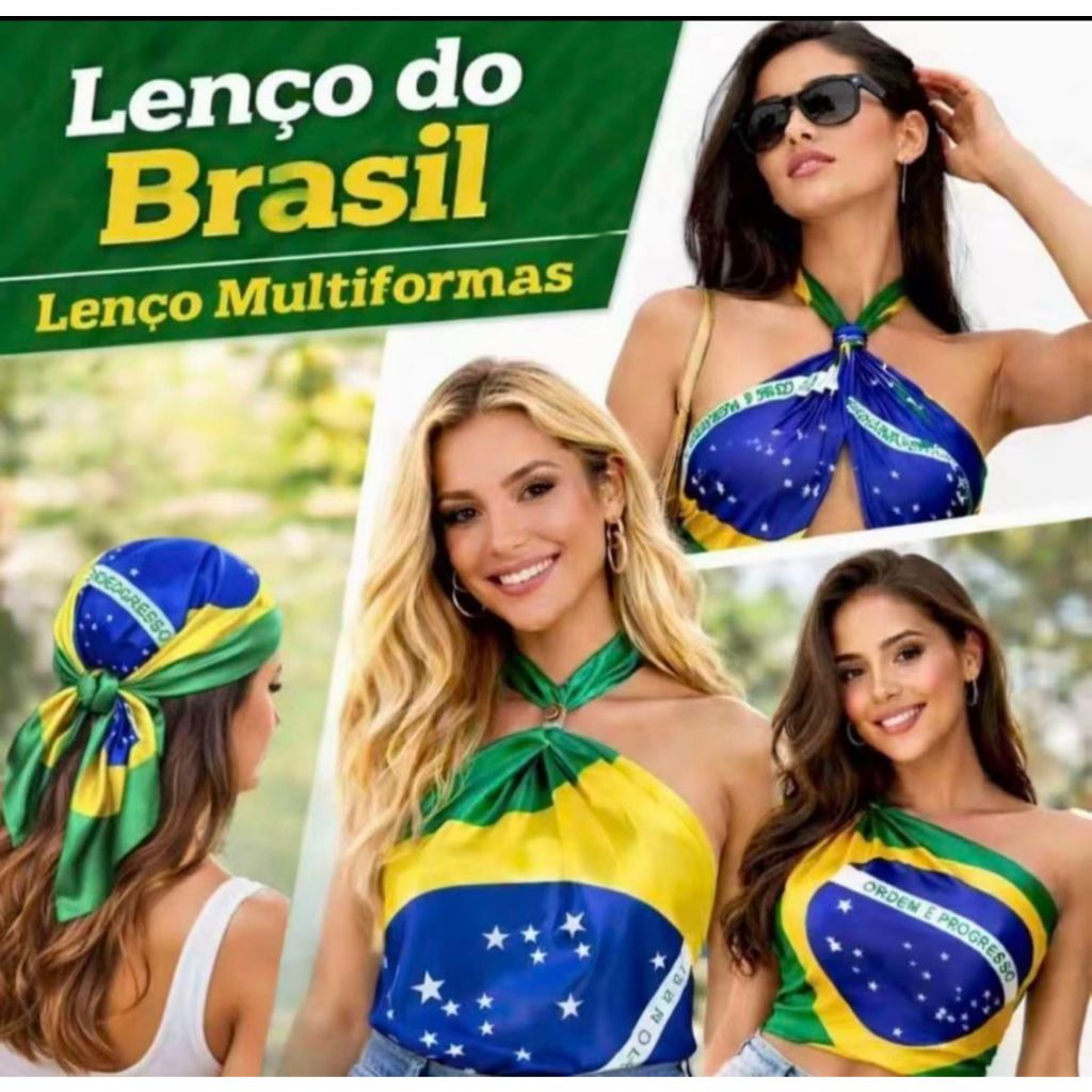 Detalhes do Lenço Bandana Feminino Cetim Seda Premium Estampa Brasil | Edição Eleição | LenBrasil