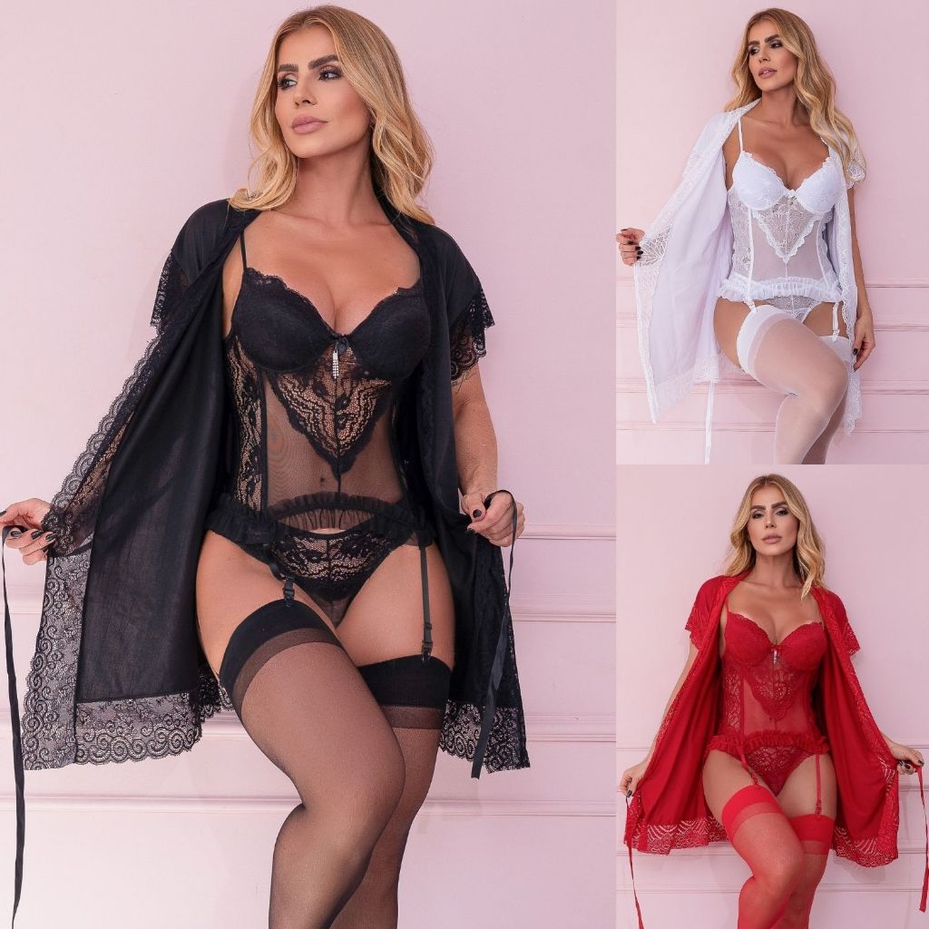Conjunto Lingerie Espartilho Corset Robe Calcinha Cinta Liga Meia 7/8 Dia dos Namorados Luxo Oferta