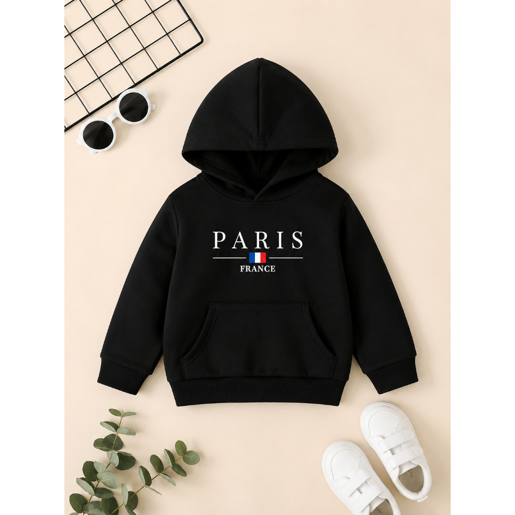 Moletom Infantil Peluciado Paris France Preto Com Capuz