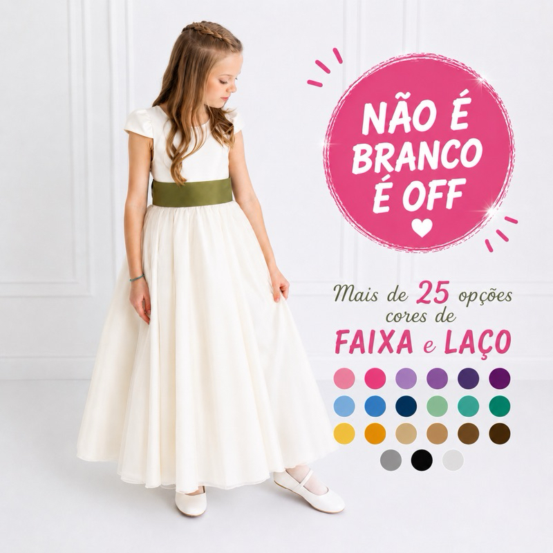 Vestido Longo Cru Off White Infantil Faixa (Verde musgo, Verde Cha, Verde Oliva, Azul, Rosa) REF4166