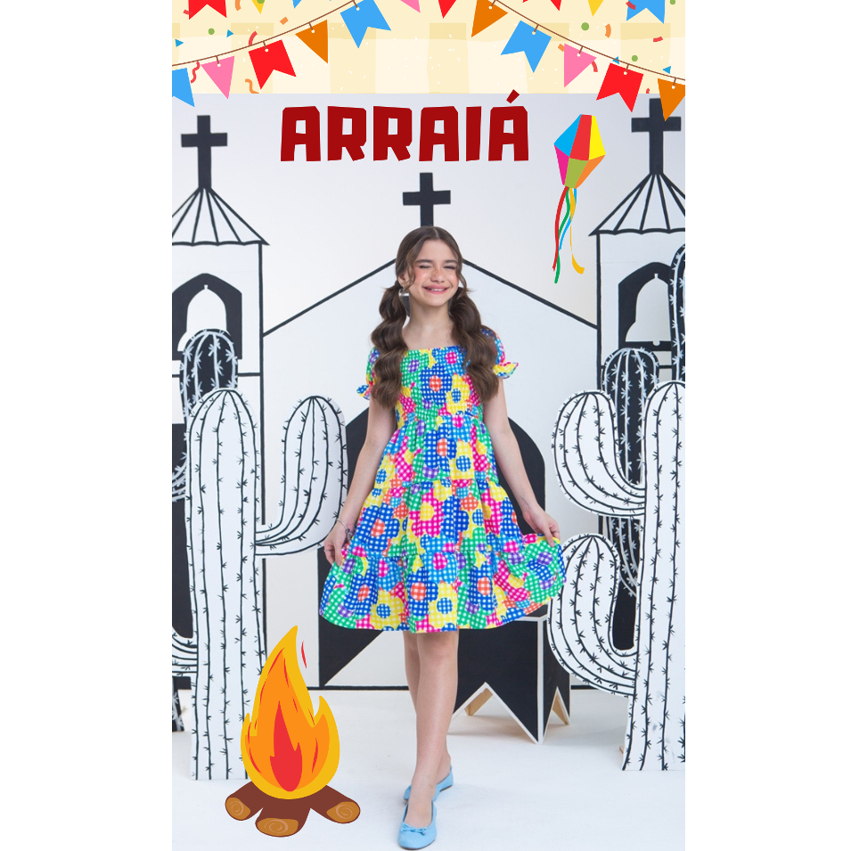 Vestido infantil menina xadrez floral junino festa junina são joão arraia tamanho 8 10 anos