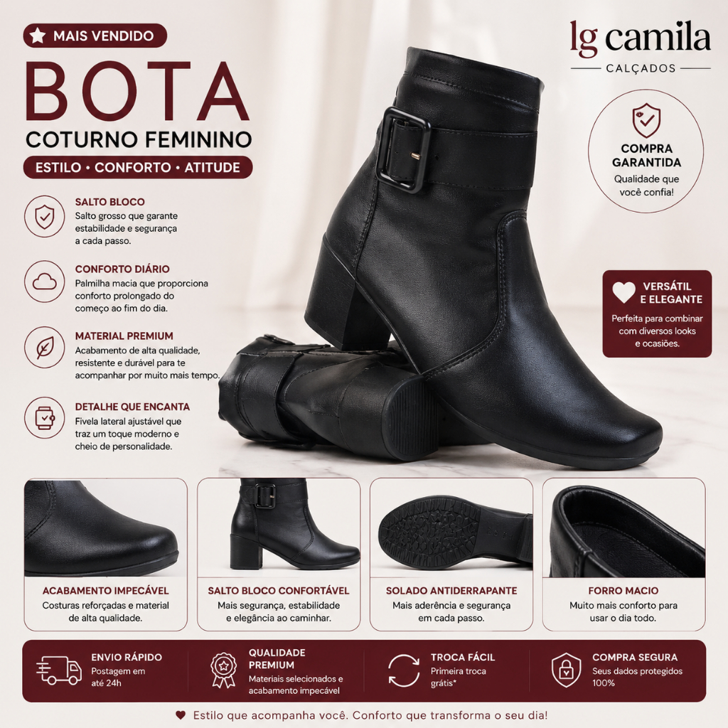 Bota Coturno Feminino bota salto bloco bico quadrado zíper fivela OffWhite Preto