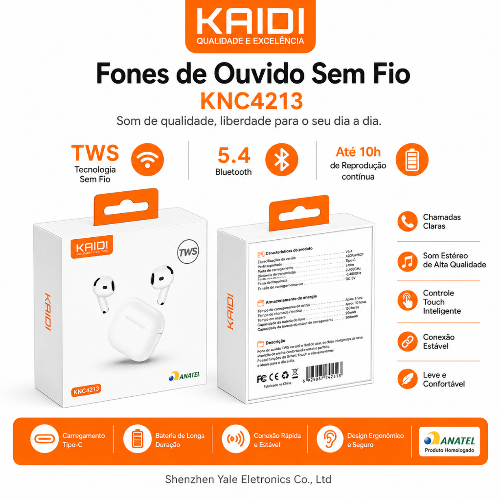 Fone de Ouvido Bluetooth TWS Kaidi KNC4231 com Estojo de Carregamento – Som Estéreo e Microfone Integrado