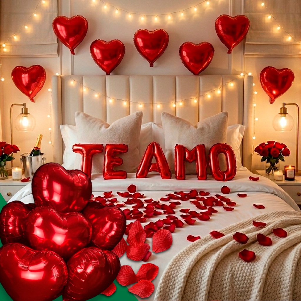 Kit Romântico 300 Pétalas Artificiais + 6 Balão Coração + TE AMO Decoração Completa Dia Namorado Mãe
