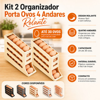 Kit 2 Organizador Porta Ovos Armazenador Deslizante 4 Andares Rolante Geladeira Cozinha a…