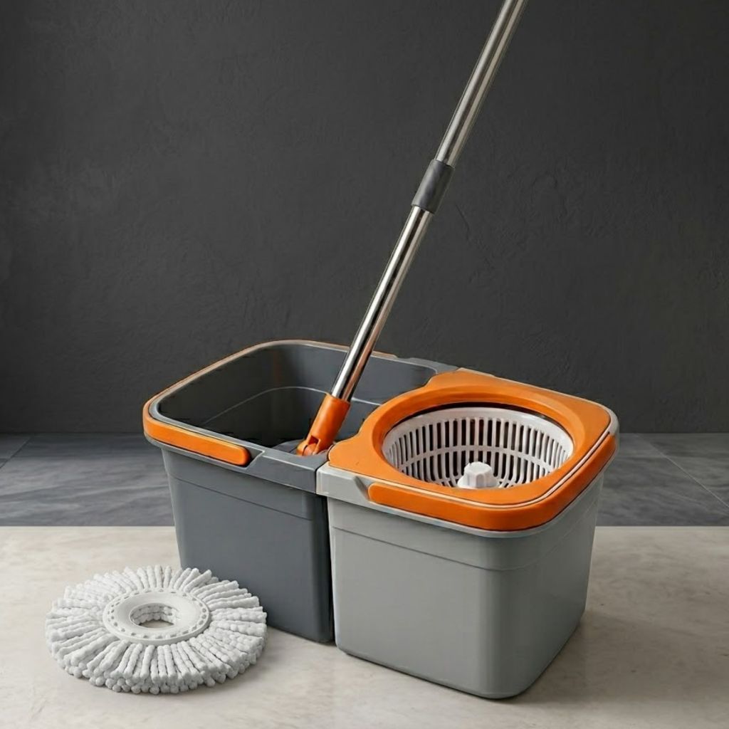 Mop Giratório 360° Com Cesto Duo 9,5L Plástico Desmontável Cabo Inox Regulavel Prático para Limpeza