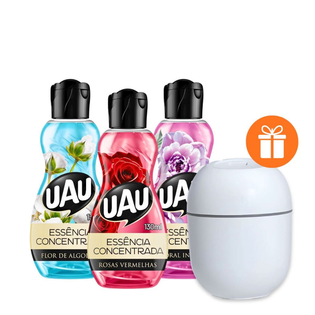 Kit 3 Essências UAU Flor e Algodão, Rosas Vermelhas e Floral + Brinde Umidificador