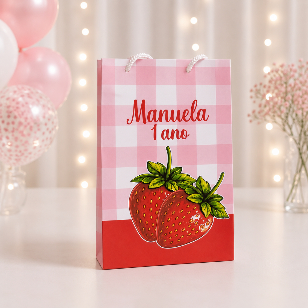 Sacolinha Personalizada MORANGO/ MORANGO DO AMOR/ MORANGUINHO /Aniversário - SACOLINHA SURPRESA- PEGUE E MONT