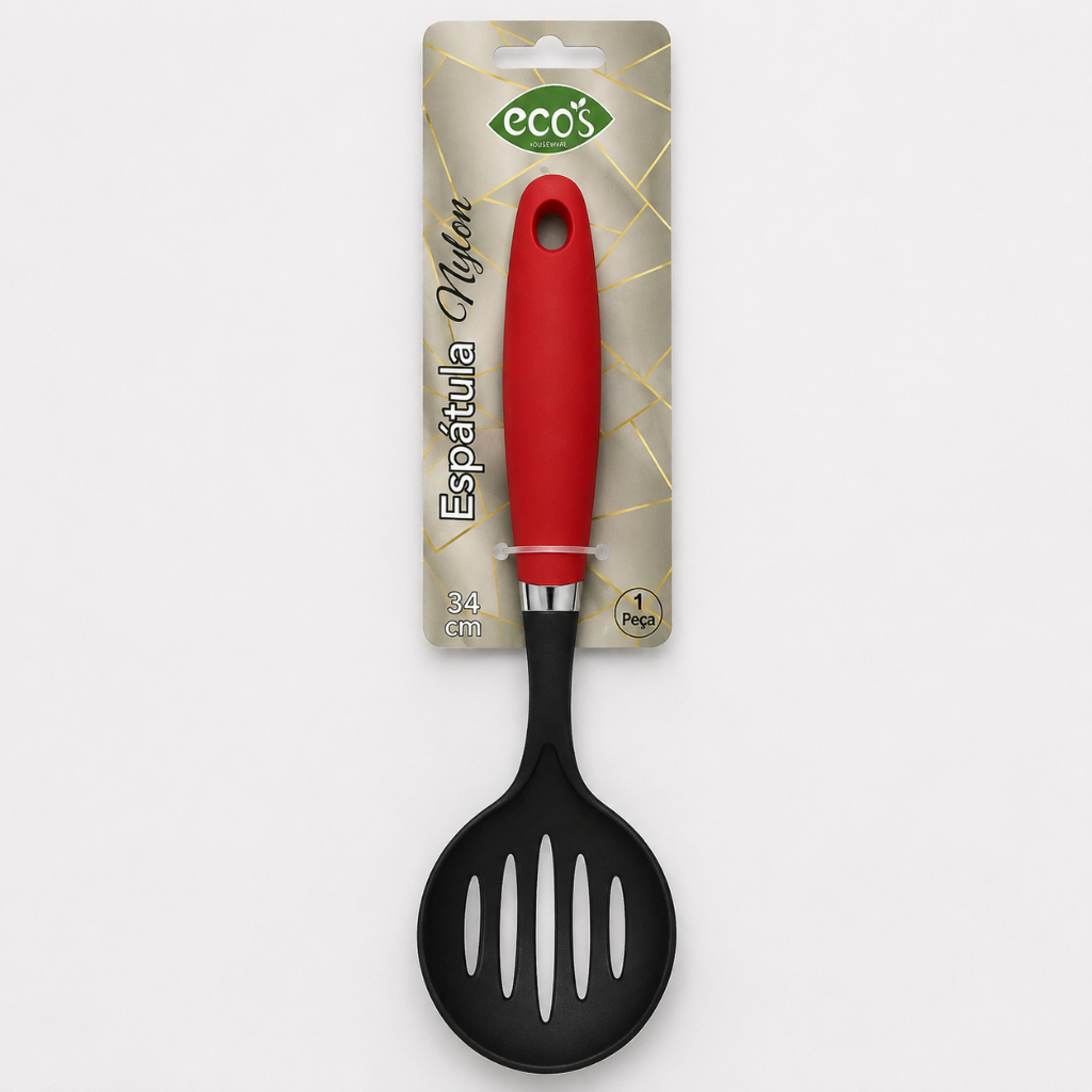 Espátula Vazada Redonda de Nylon 34cm Resistente ao Calor – Utensílio para Panelas Antiaderentes