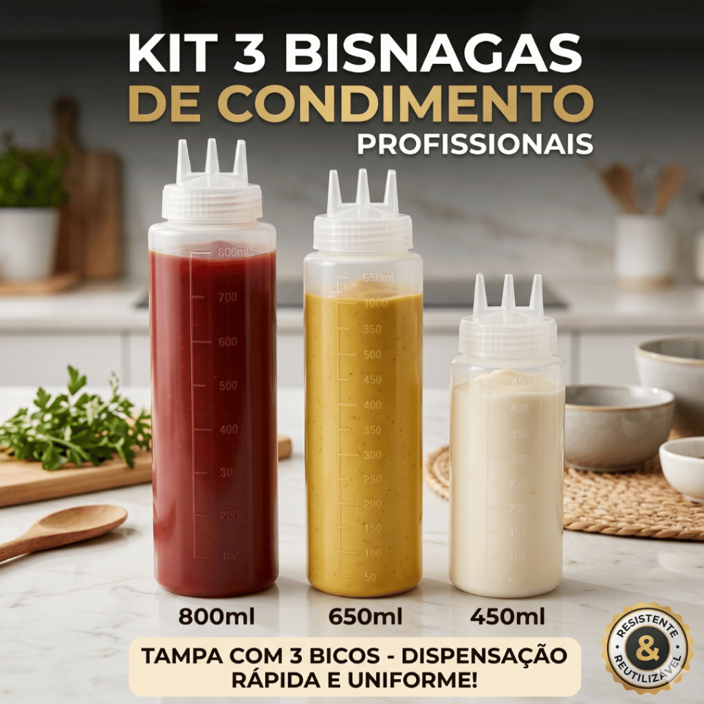 Bisnaga para Molhos Profissional Flexível 450ml 650ml 800ml Maionese Ketchup Confeitaria Tampa 3 Bicos Envio Imediato