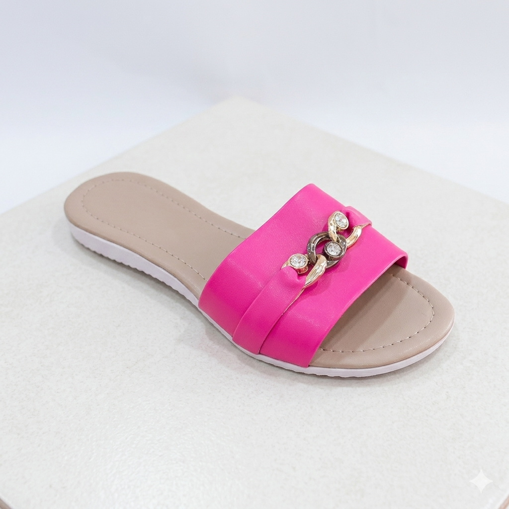 Rasteira Chinelo Slide Rosa Detalhe Corrente Dourado Confortável