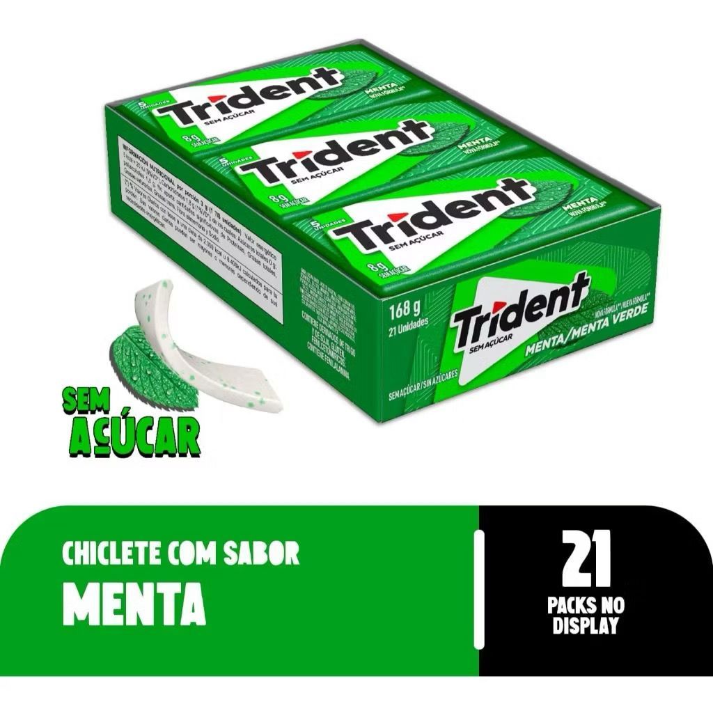 Chiclete Trident Menta Sem Açúcar - Caixa Com 21 Unid. De 8g