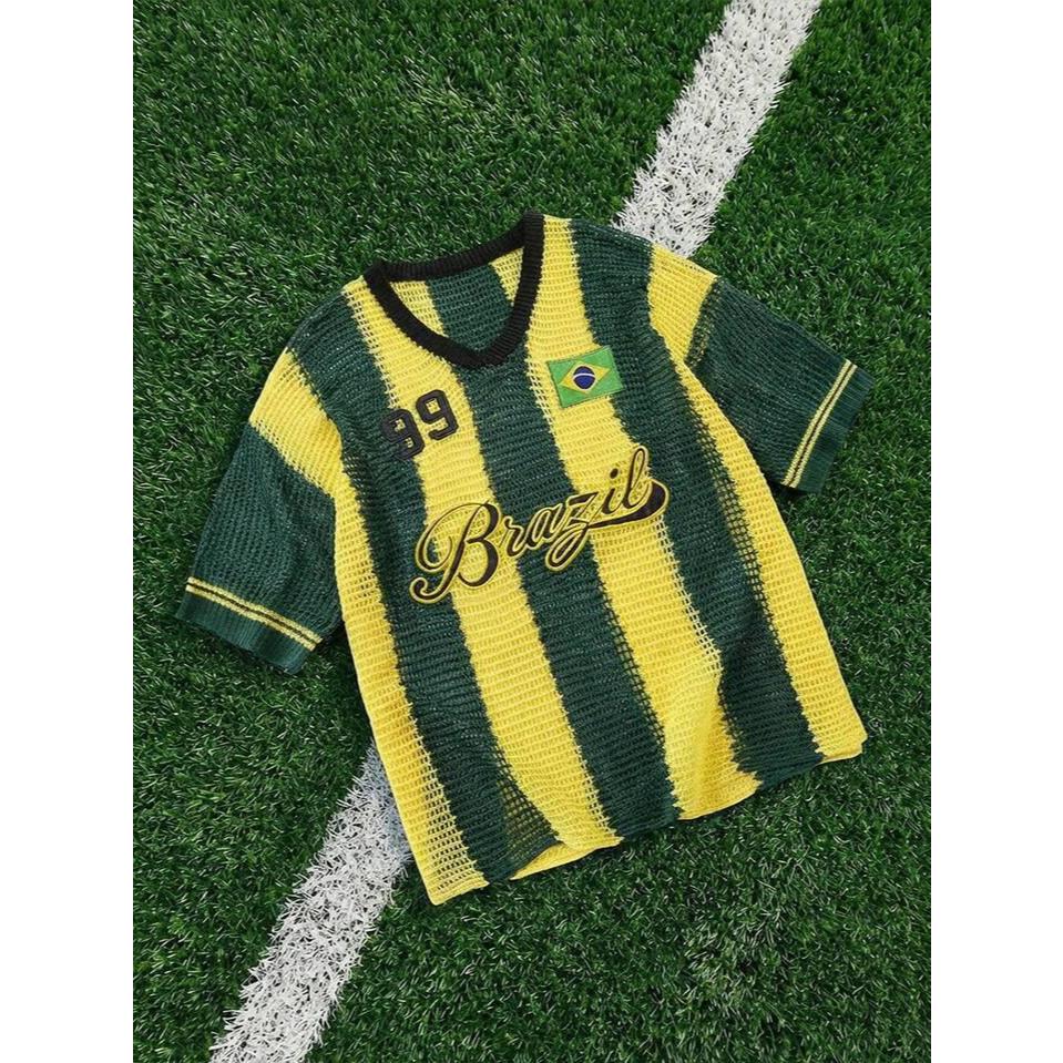 Blusa do Brasil Camisa Masculina Bordadas Tricô  Estilosa Copa do Mundo Verde Amarelo Seleção Brasileira COP11