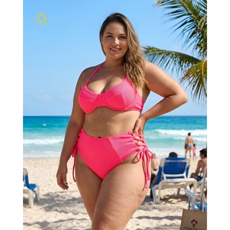 conjunto de biquínis plus size  texturizado  Top + calcinha fio duplo com amarração nas laterais( escolha sua cor)
