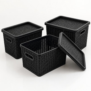 Kit 3 Caixas Organizadoras Rattan Plástico 5L com Tampa e Alças Empilhável Multiuso Casa