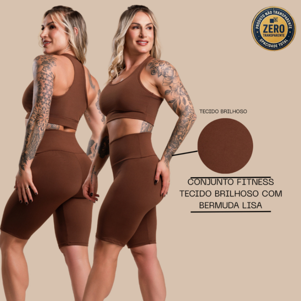 Conjunto Fitness Feminino Brilhoso Academia Top Nadador e Bermuda Lisa Cintura Alta Com Brilho ZERO TRANSPARÊNCIA