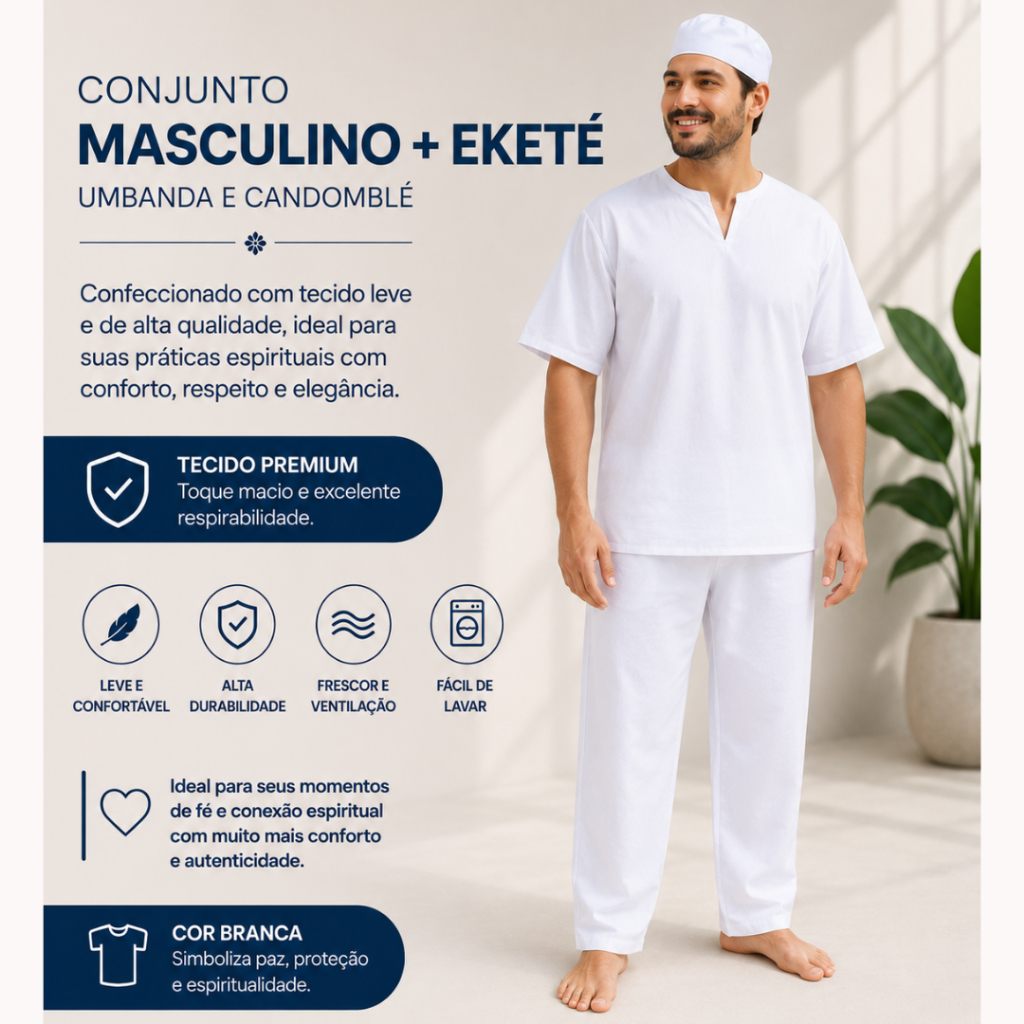 Conjunto Masculino + Ekete Umbanda e Candomblé Roupa de Ração Premium Luxo 3 pçs