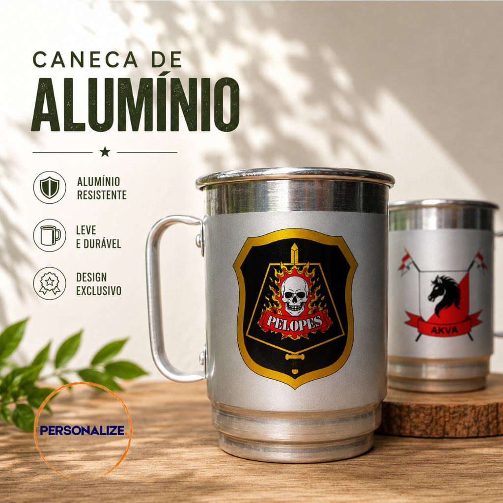 Caneca de Alumínio Personalizada Militar | Caneca Alumínio Resistente | Presente Militar | Caneca Personalizada PELOPES