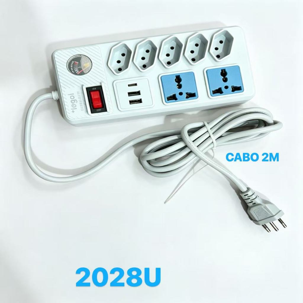 Regua Filtro de Linha 5 Tomadas Extensao Eletrica 2Universal 2 USB Bivolt 10A 110v/220v Cabo 2M - lm tech store