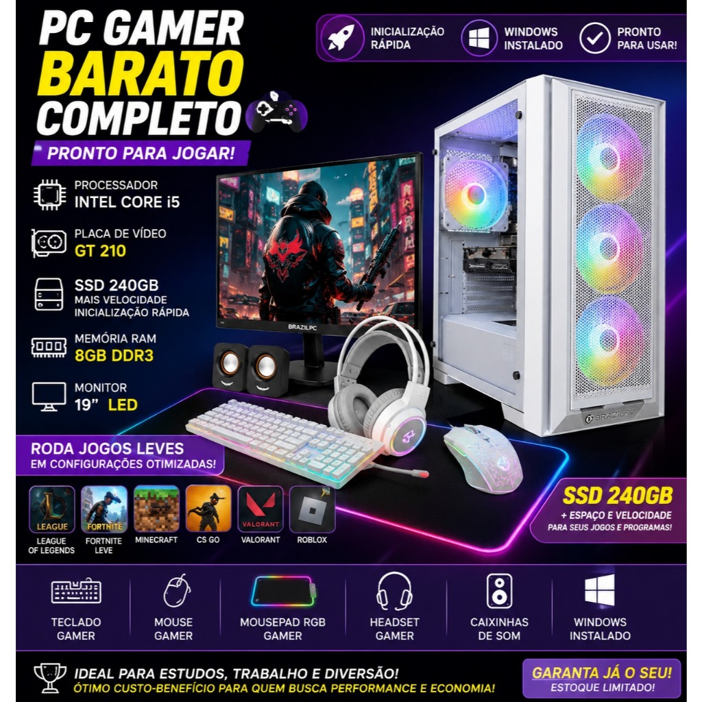 PC Gamer Barato Completo i5 GT 210 SSD 240GB Mousepad Gamer RGB Monitor 19 Windows