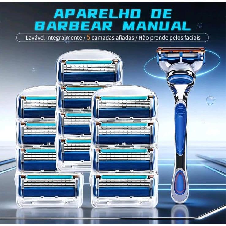 Kit Aparelho de barbear com 5 Lâminas descartaveis Afiadas De Longa Duração com 8 ou 12 Refil