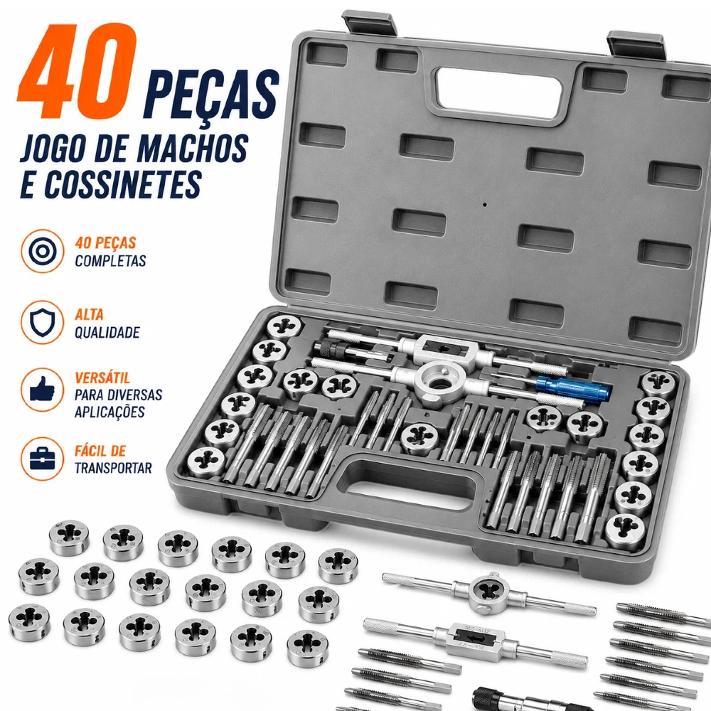Kit 40 Peças Tarracha E Cossinetes Macho Prateado Alta Qualidade Para Rosca Ferro