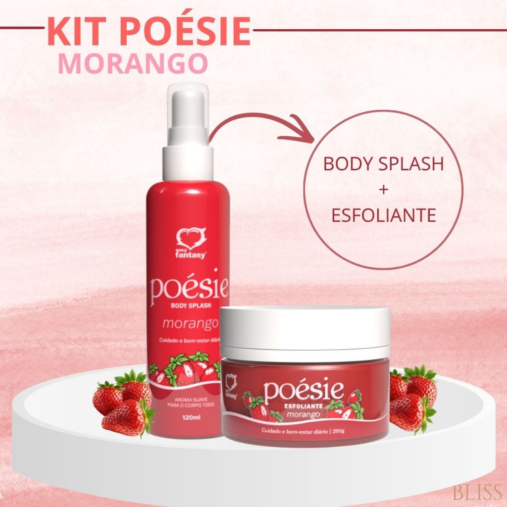 Kit Poésie Morango - Body Splash + Esfoliante Corporal - Perfume Aroma Cheiro Hidratação  Pele Macia