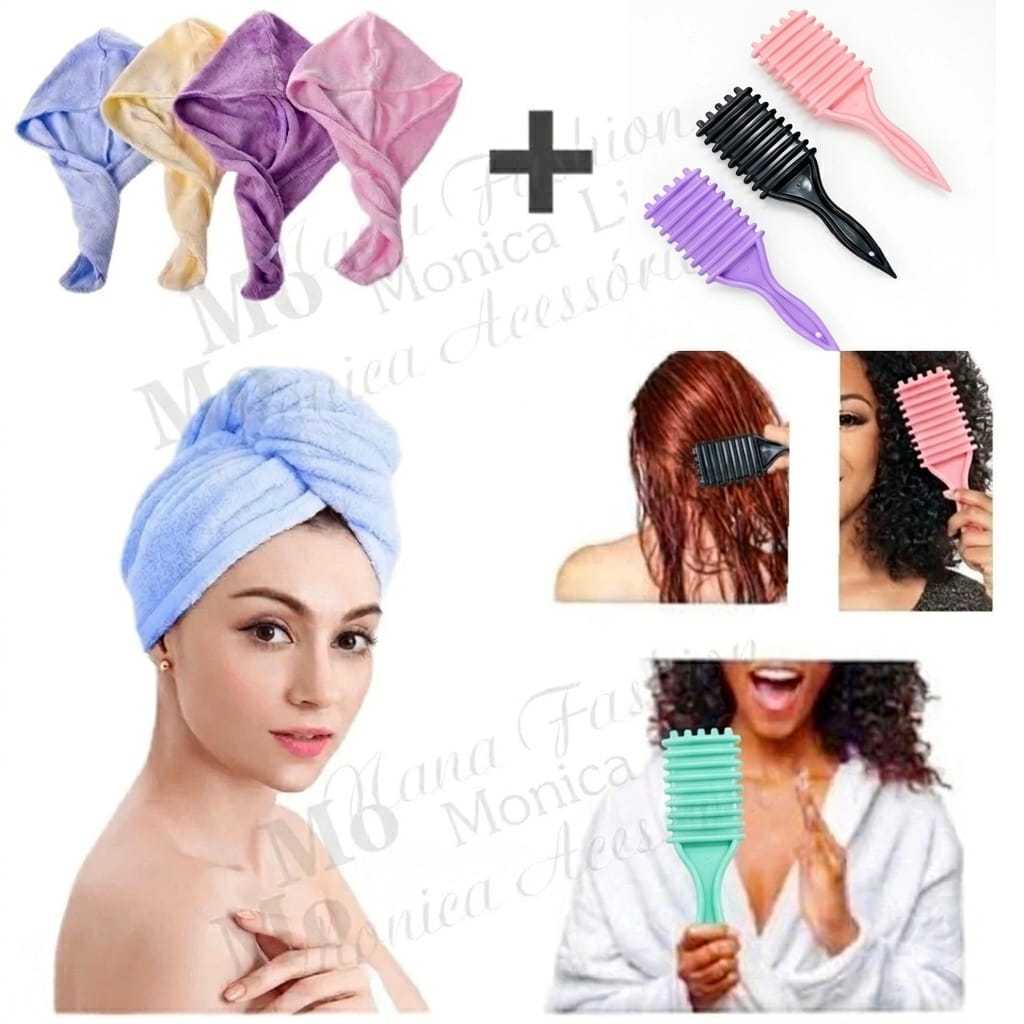 Kit De 1 Escova Onda + 1 Toalha De Cabelo De Microfibra botao Anti Frizz