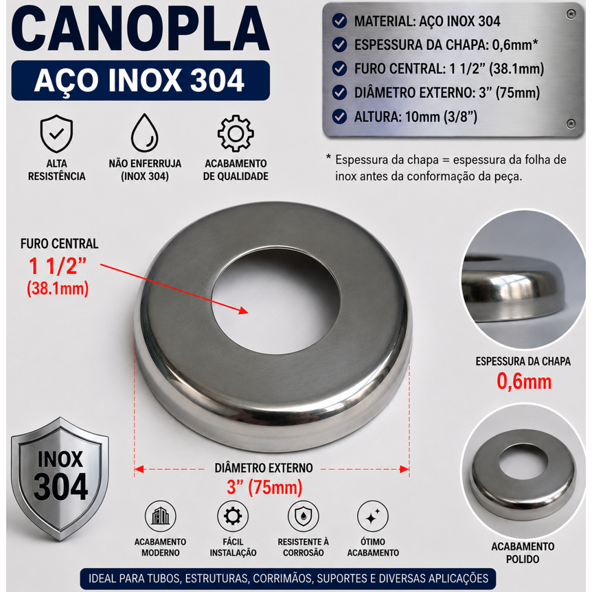 10 Canoplas aço Inox 304 para acabamento de tubos em Inox 304 1.1/2"