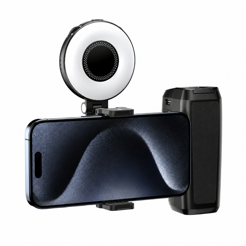 Estabilizador para Celular GripMaster Manual Compacto para Vídeos Reels Lives Vlogs com Opção de Luz ClickLight