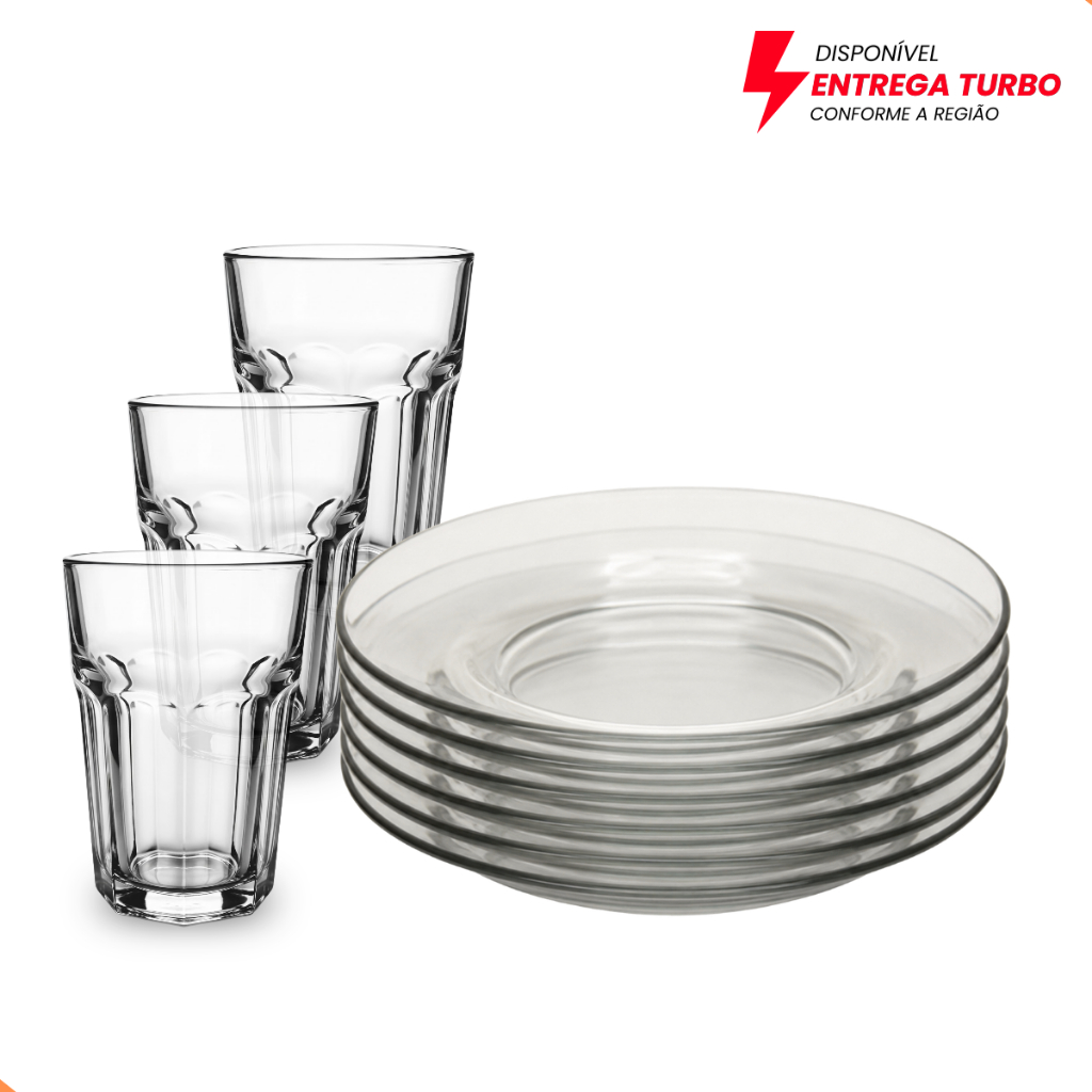 Jogo de Pratos Fundos e Copos de Vidro 12 Peças 6 Pratos 22cm + 6 Copos 350ml