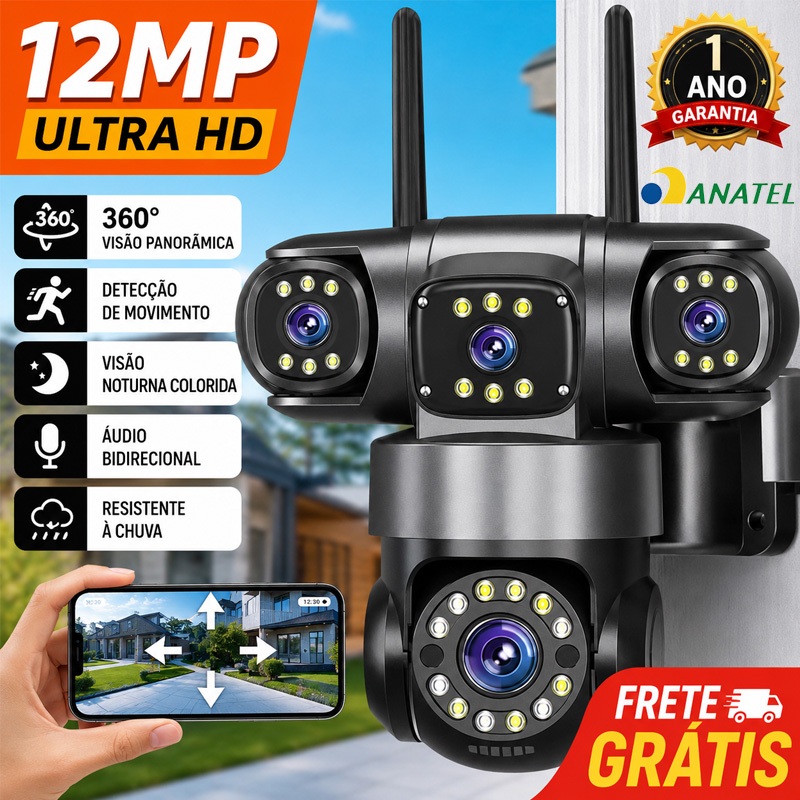 Câmera de Segurança IP Tripla Inteligente Wi-Fi 360° 4K Visão Noturna Detecção de Movimento P16