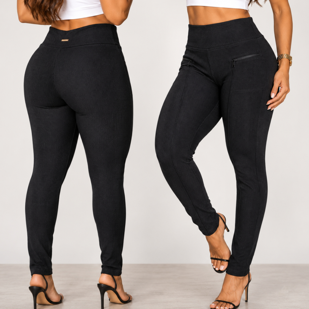 Calça Montaria Tecido Grosso Gorgurinho Legging Feminina com Bolsos Ziper Cintura Alta