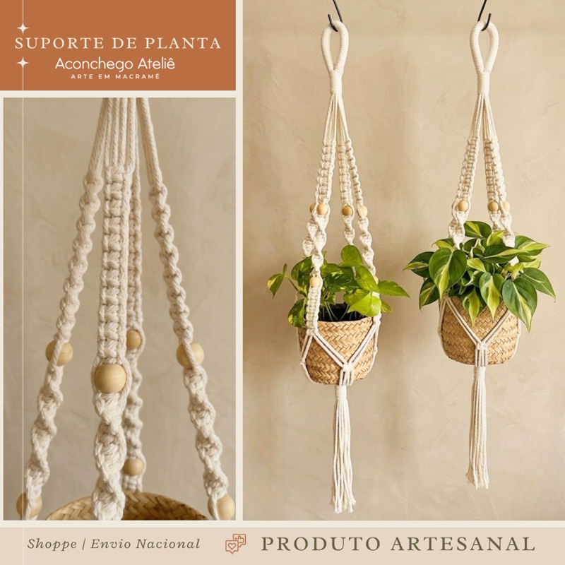Suporte de Plantas Macramê 1m Hanger Vaso Grande e Médio com Detalhes em Madeira - Algodão 4mm Boho Chic