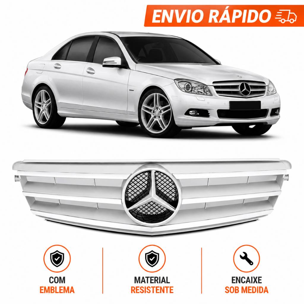 Grade Radiador C180 08 A 11 Prata Com friso Cromado Com emblema